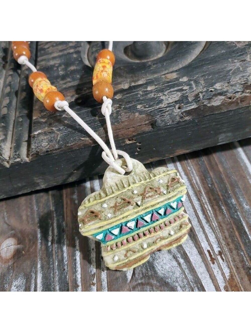 Artisan Tribal Flower Unglazed Clay Green White Multicolor OOAK Pendant Necklace